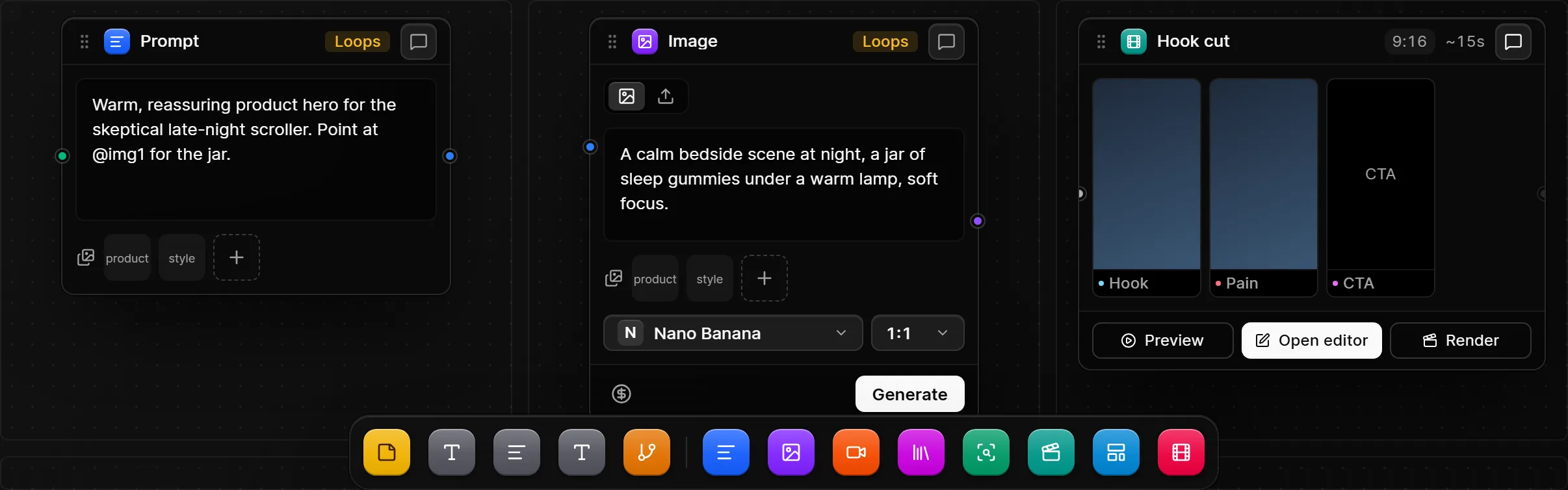 The Studio canvas: a prompt node wired into an image node, a Hook cut node with Preview, Open editor and Render, and the node dock